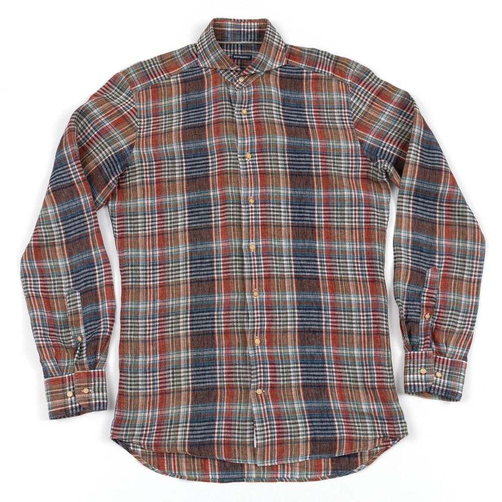 SuitSupply Dress‎ Shirt Mens 38 15 Multi Color Plaid Italian Linen Button Up L/S